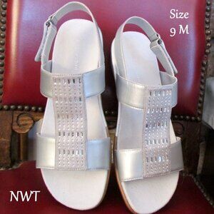 SILVER SANDALS, 9, MARC FISHER EASY SPIRIT, NWT, LOW WEDGE, BLING, NON-SKID